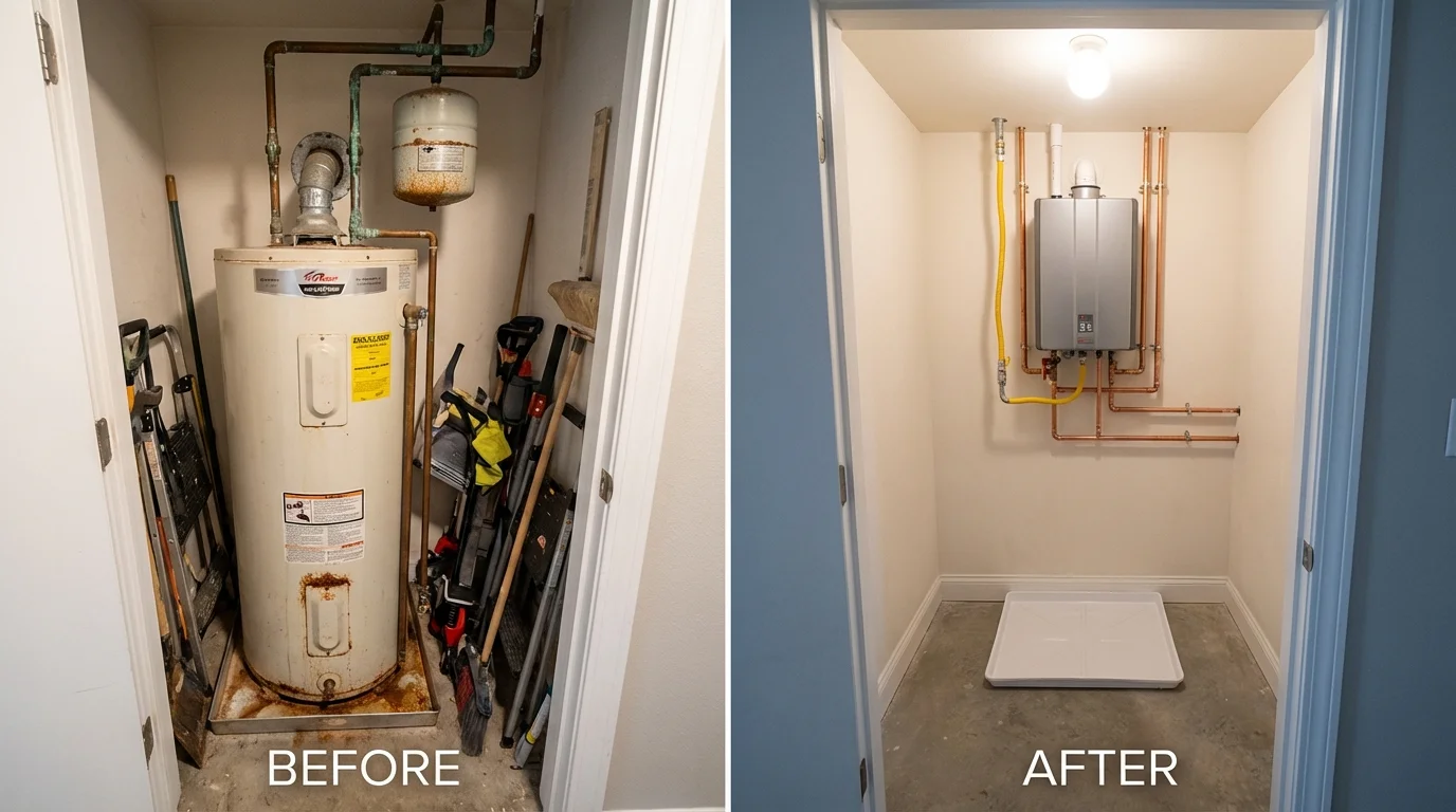 Tank water heater versus wall-mounted tankless unit comparison for Atlanta, IL homeowners