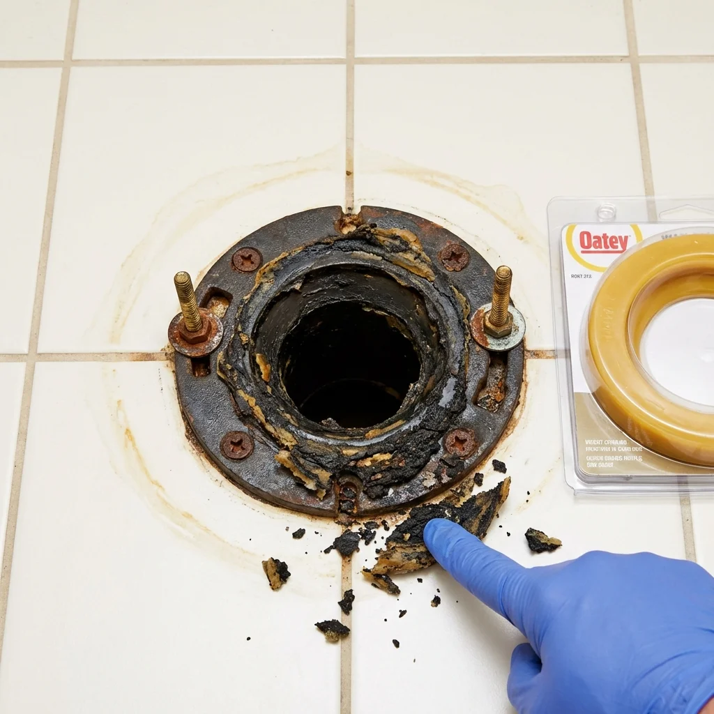 Failed wax ring showing water seepage at the base of a toilet in a Atlanta, IL home