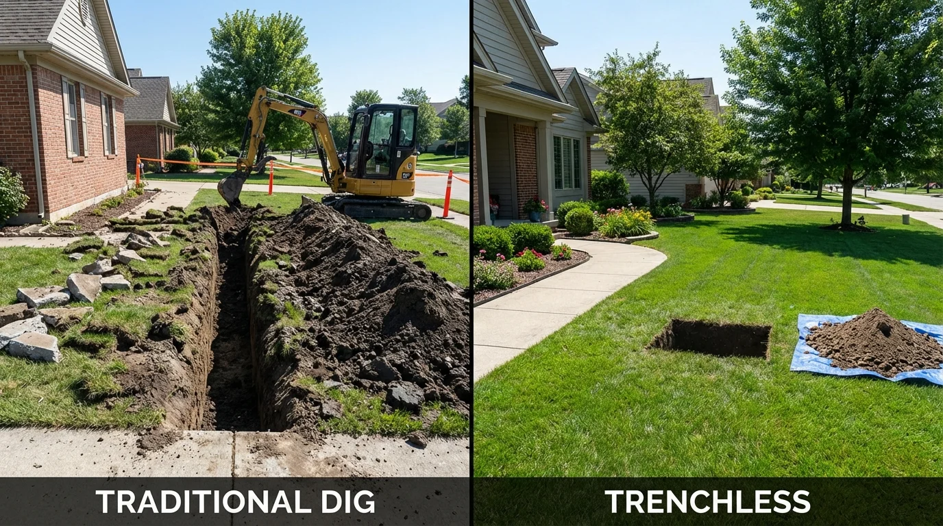 Trenchless sewer repair with minimal yard damage versus traditional excavation in Atlanta, IL
