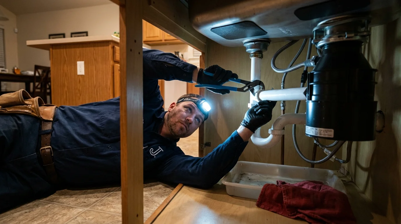 P-trap and supply line connections under a kitchen sink showing a common leak point in Atlanta, IL